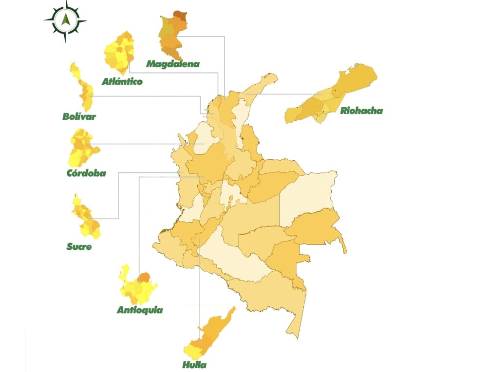 Mapa de cobertura de proyectos ABIUDEA en Colombia
